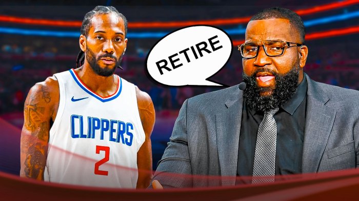 Kendrick Perkins with a thought bubble that says "retire" and Los Angeles Clippers forward Kawhi Leonard pictured next to him.