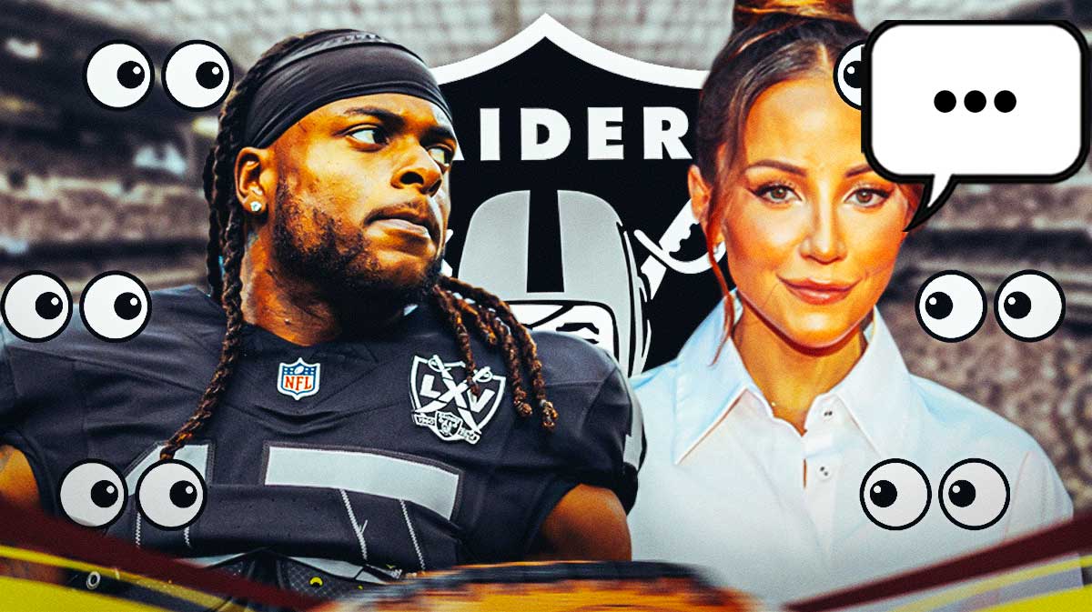 Las Vegas Raiders wide receiver Davante Adams with American sports commentator Kay Adams who has a speech bubble with the three dots emoji inside. They are surrounded by eyes emojis (👀). There is also a logo for the Las Vegas Raiders.