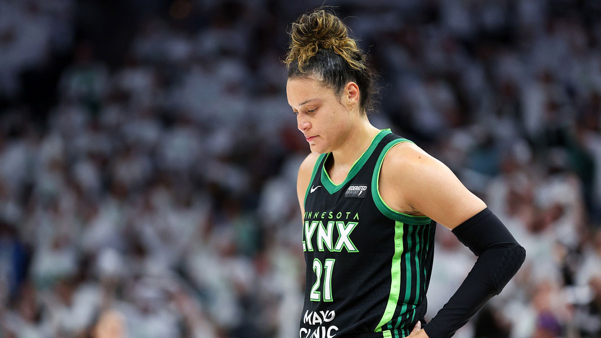 Minnesota Lynx guard Kayla McBride (21) reacts during the second half of game three of the 2024 NBA Finals against the New York Liberty at Target Center.