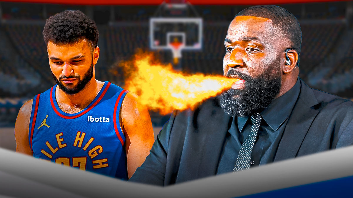 Kendrick Perkins with fire coming out of mouth next to image of Jamal Murray looking sad