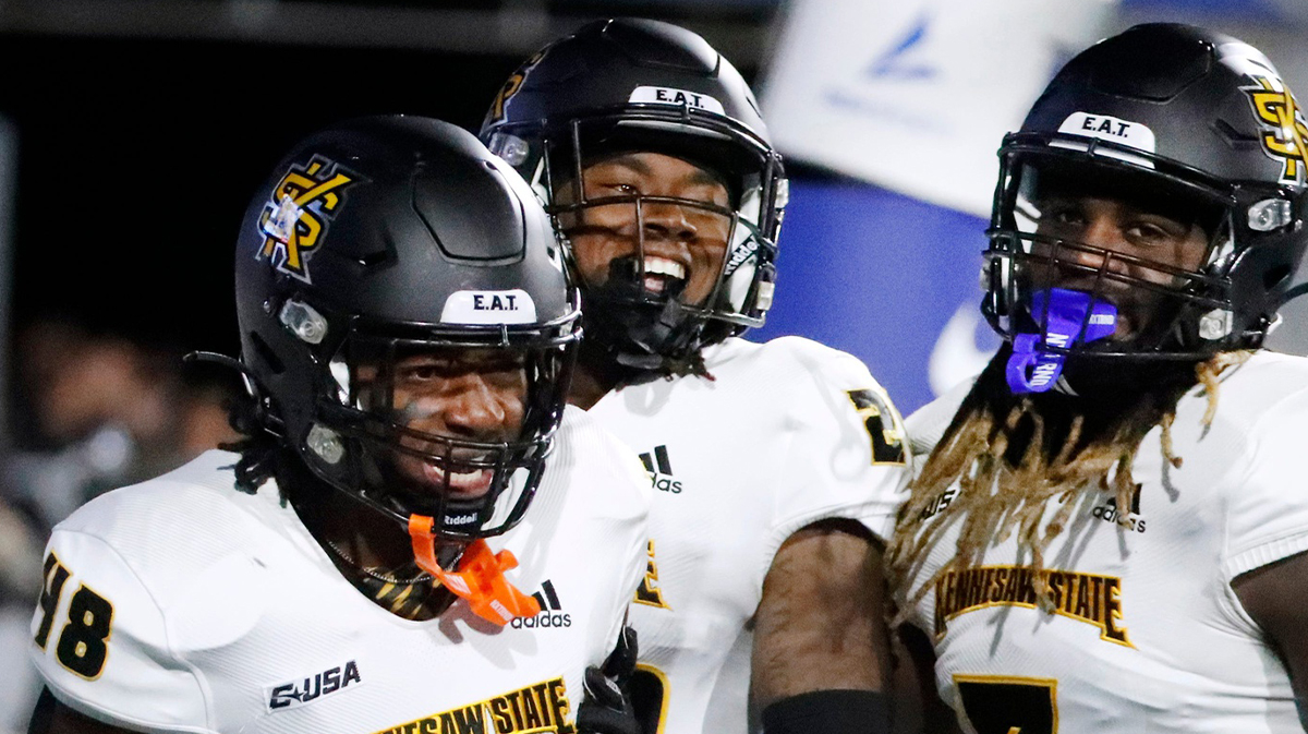Kennesaw State linebacker Donelius Johnson (48) celebrates with his teammates Kennesaw State defensive back Milon Jones (29) and Kennesaw State linebacker Garland Benyard (7) after tackling Middle Tennessee running back Jekail Middlebrook (32) in the end zone for a touchback during the football game at MTSU, on Tuesday, Oct. 15, 2024.