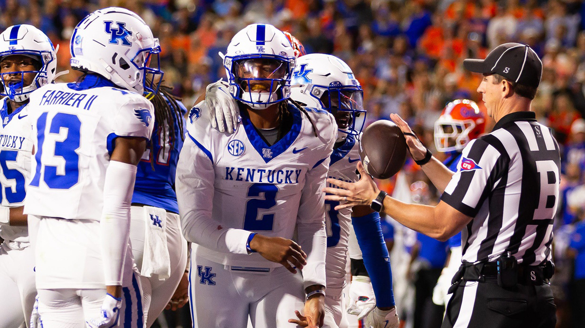 Kentucky Wildcats quarterback Gavin Wimsatt (2) celebrates his touchdown during the second half at Ben Hill Griffin Stadium in Gainesville, FL on Saturday, October 19, 2024. [Doug Engle/Gainesville Sun]