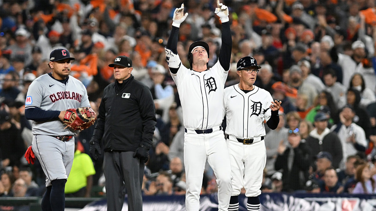 Detroit Tigers outfielder Kerry Carpenter (30) celebrates a single in the sixth inning against the Cleveland Guardians during game four of the ALDS for the 2024 MLB Playoffs at Comerica Park.