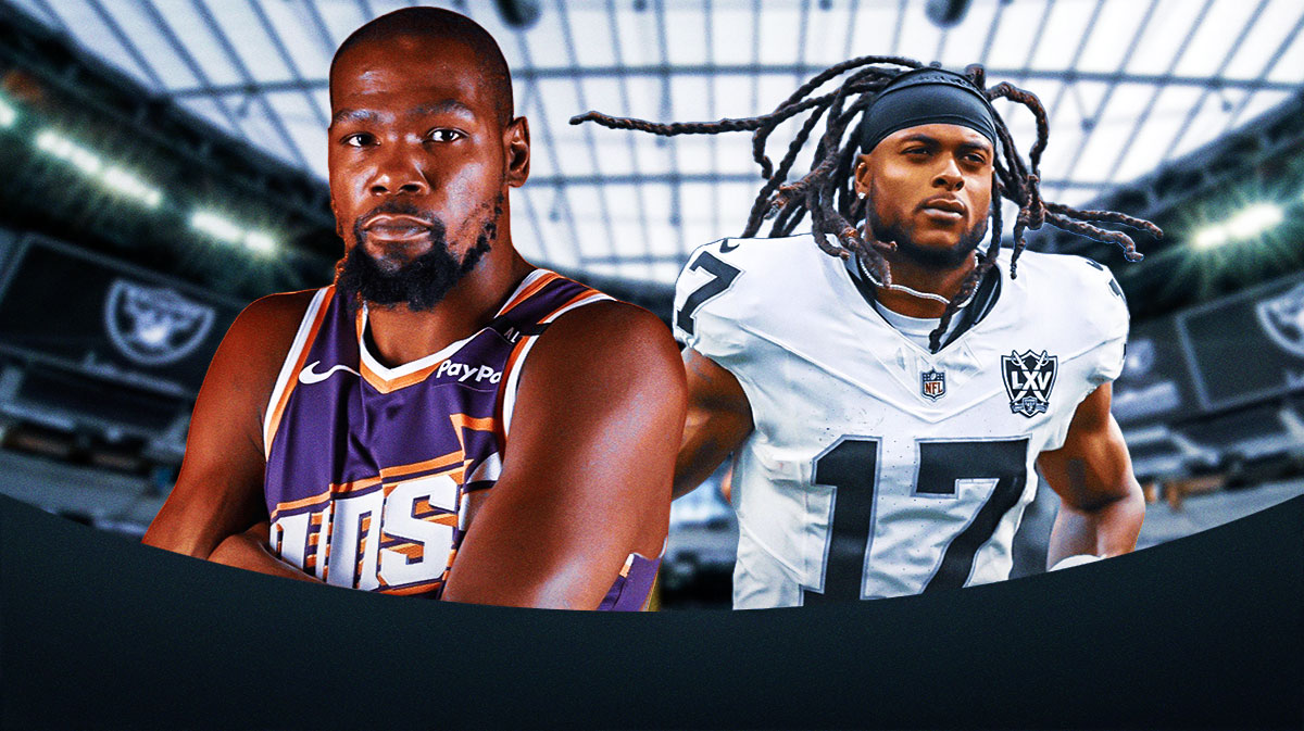 Kevin Durant and Las Vegas Raiders star Davante Adams in front of Allegiant Stadium.