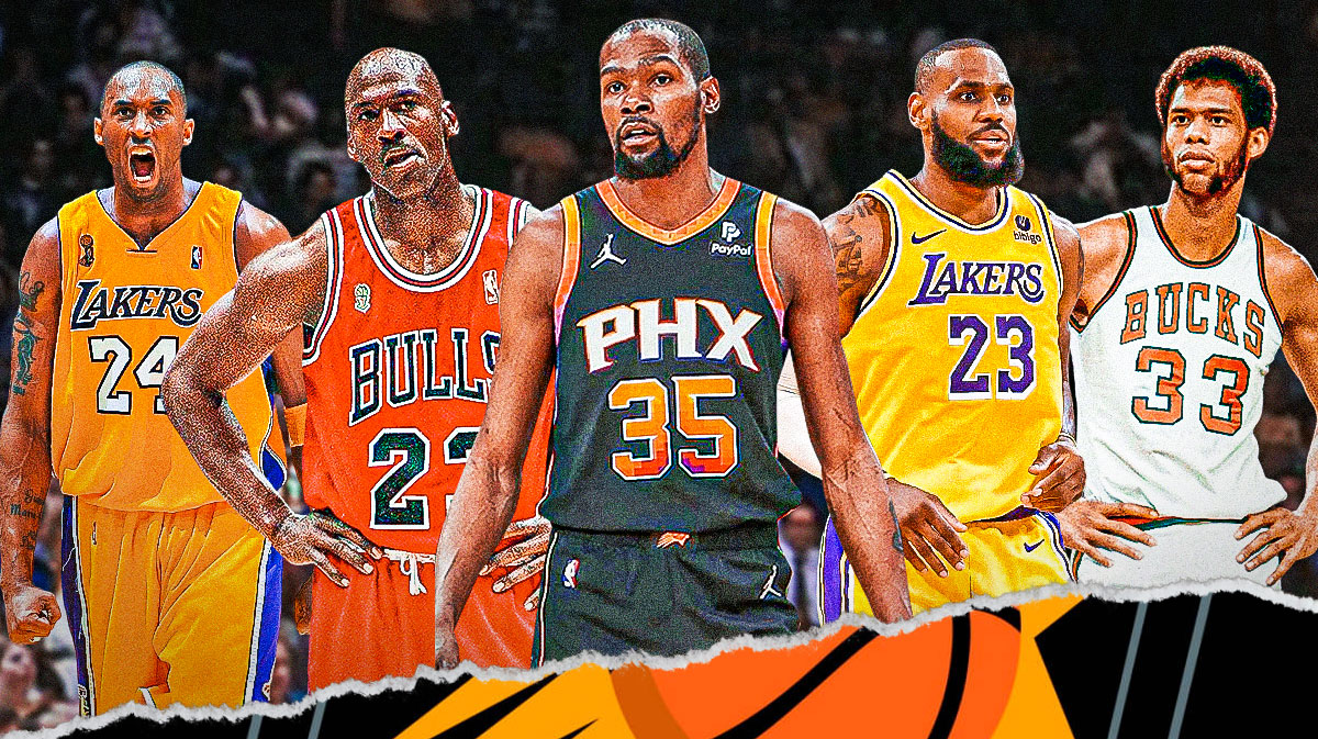 Kevin Durant in the middle, LeBron James and Kareem-Abdul Jabbar on his left, Michael Jordan and Kobe Bryant on his right