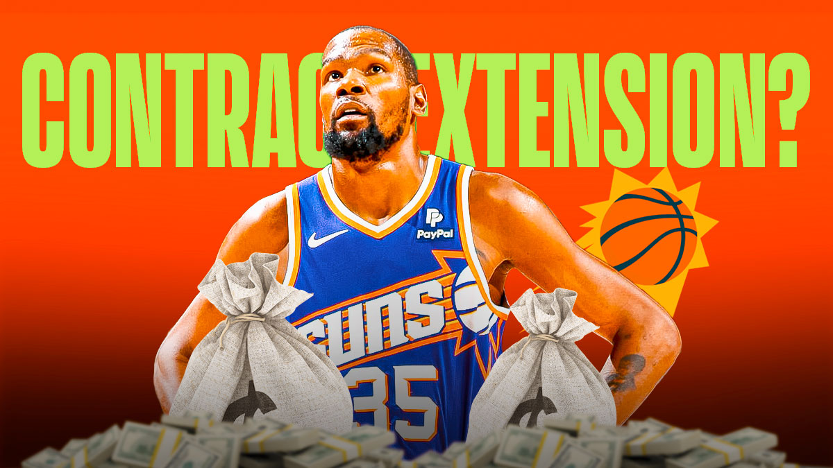 Phoenix Suns forward Kevin Durant with money bags all around him with the phrase "Contract Extension" above him, and a background of the Suns logo.