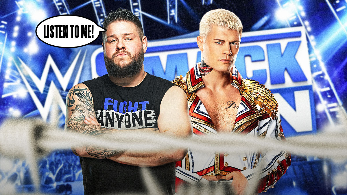 Kevin Owens with a text bubble reading "Listen to me!" next to Cody Rhodes with the SmackDown logo as the background.