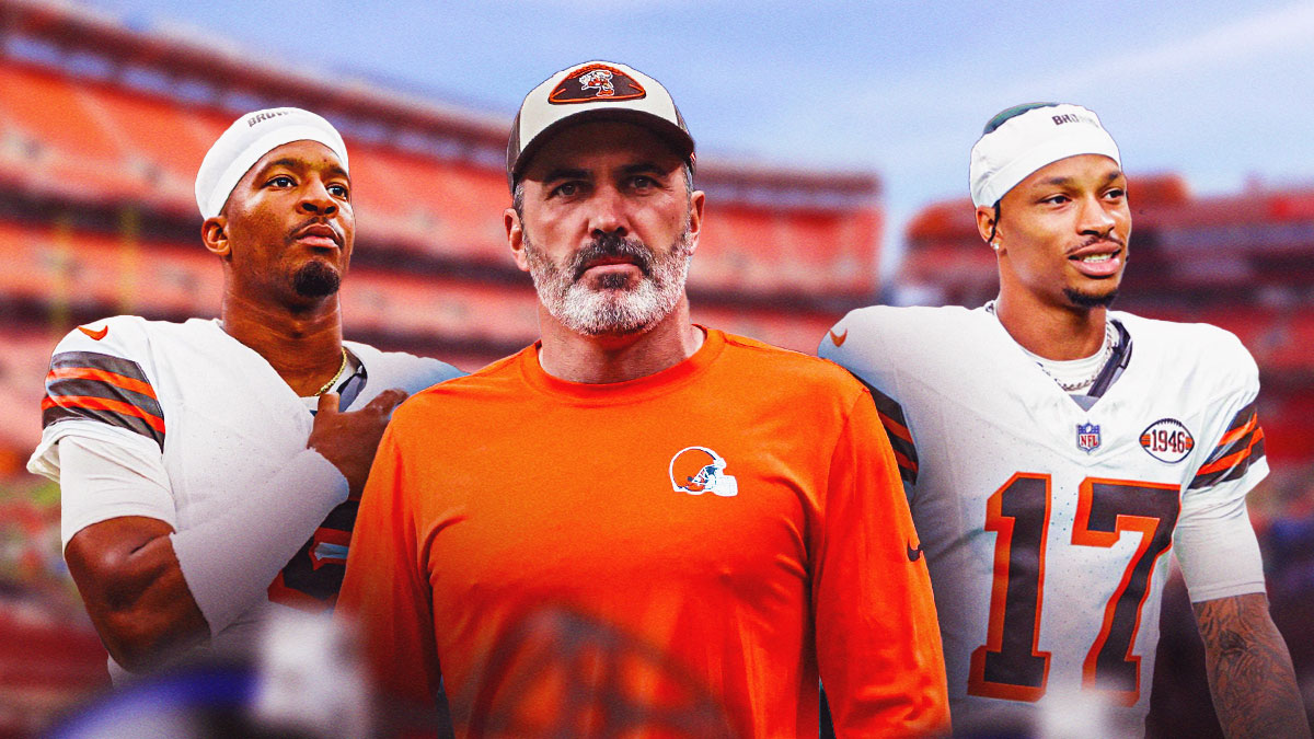 Kevin Stefanski next to Jameis Winston and Dorian Thompson-Robinson in front of the Browns stadium