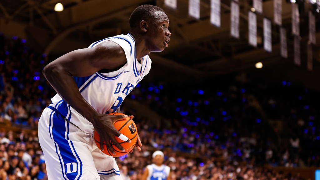 Duke Blue Devils center Khaman Maluach (9) looks on with the ball during Countdown to Craziness at Cameron Indoor Stadium.