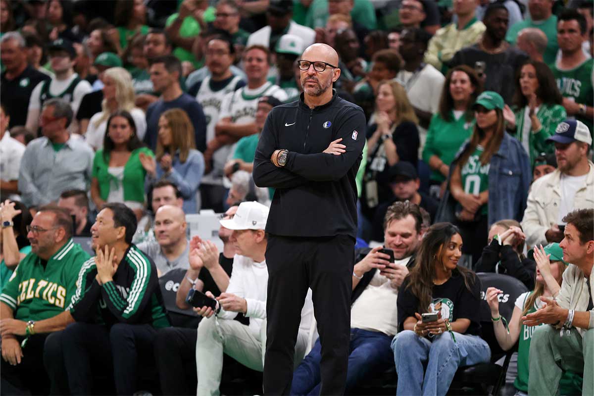 Dallas Mavericks head coach Jason Kidd looks on against the Boston Celtics during the fourth quarter in game five of the 2024 NBA Finals at TD Garden.