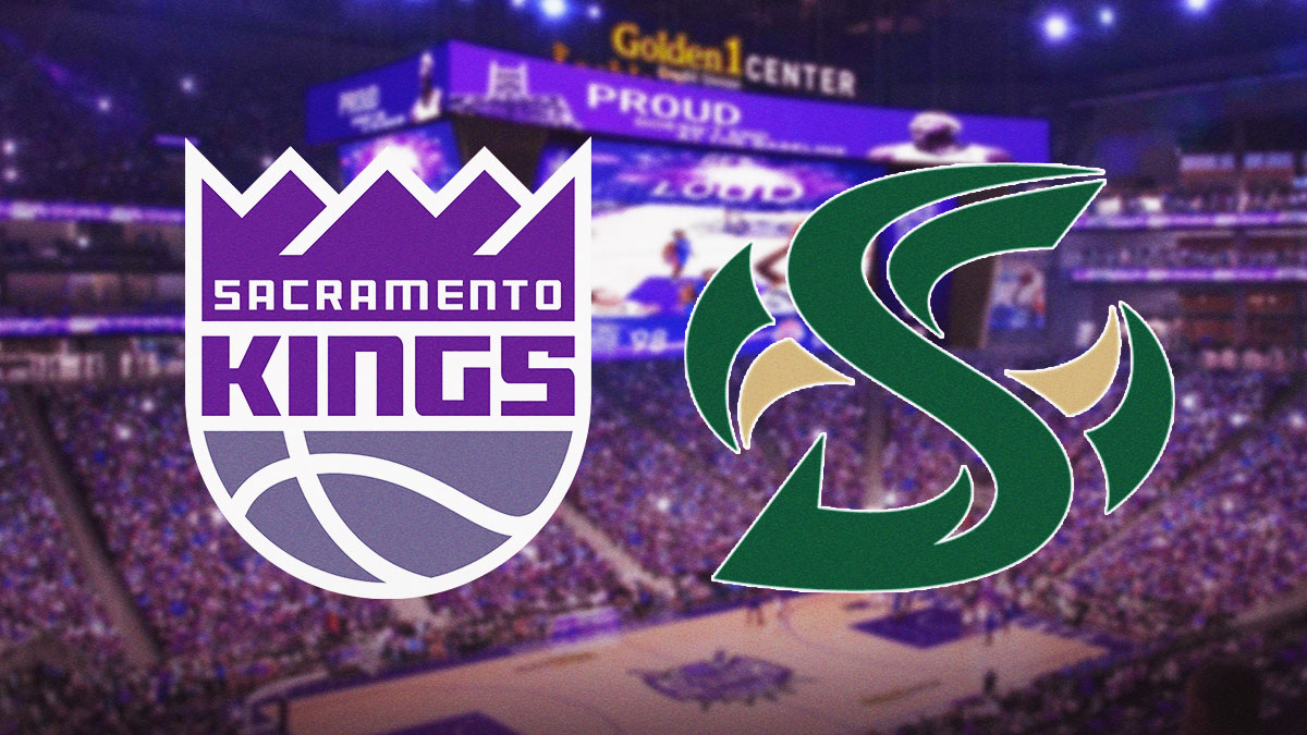 Kings logo next to Sacramento State, Pac-12 logos, Golden 1 Arena background