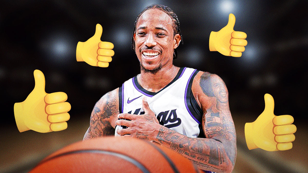 DeMar DeRozan in a Kings jersey with thumbs up emojis surrounding him.