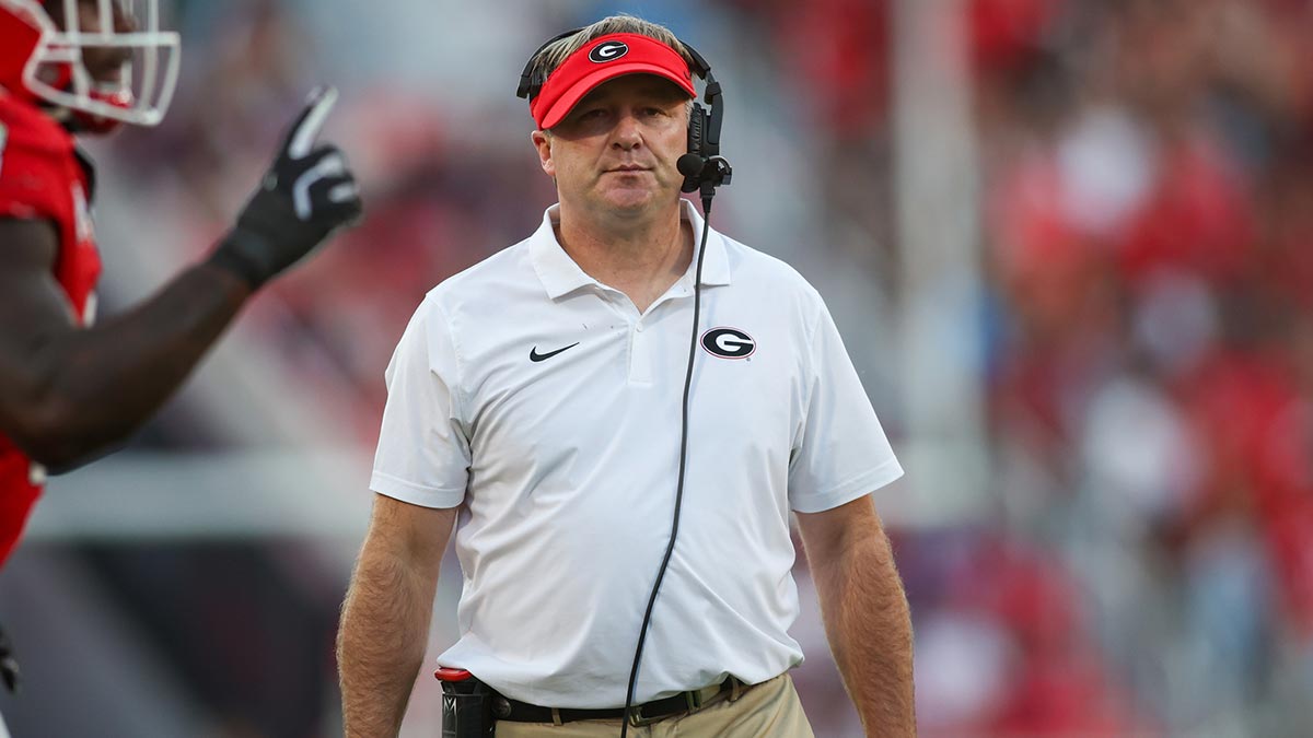 Georgia Bulldogs head coach Kirby Smart on the sideline against the Mississippi State Bulldogs in the third quarter at Sanford Stadium