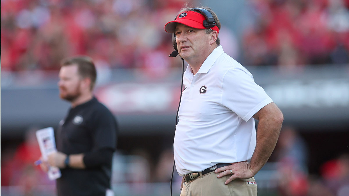 Georgia Bulldogs head coach Kirby Smart on the sideline against the Mississippi State Bulldogs in the second quarter at Sanford Stadium.
