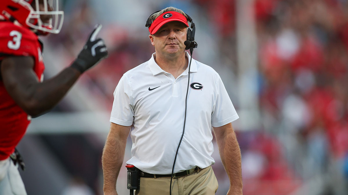 Georgia Bulldogs head coach Kirby Smart on the sideline against the Mississippi State Bulldogs in the third quarter at Sanford Stadium.