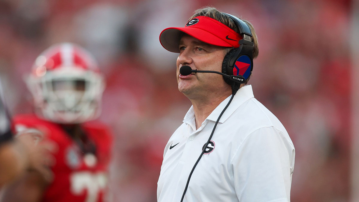 Georgia Bulldogs head coach Kirby Smart on the sideline against the Mississippi State Bulldogs in the third quarter at Sanford Stadium.