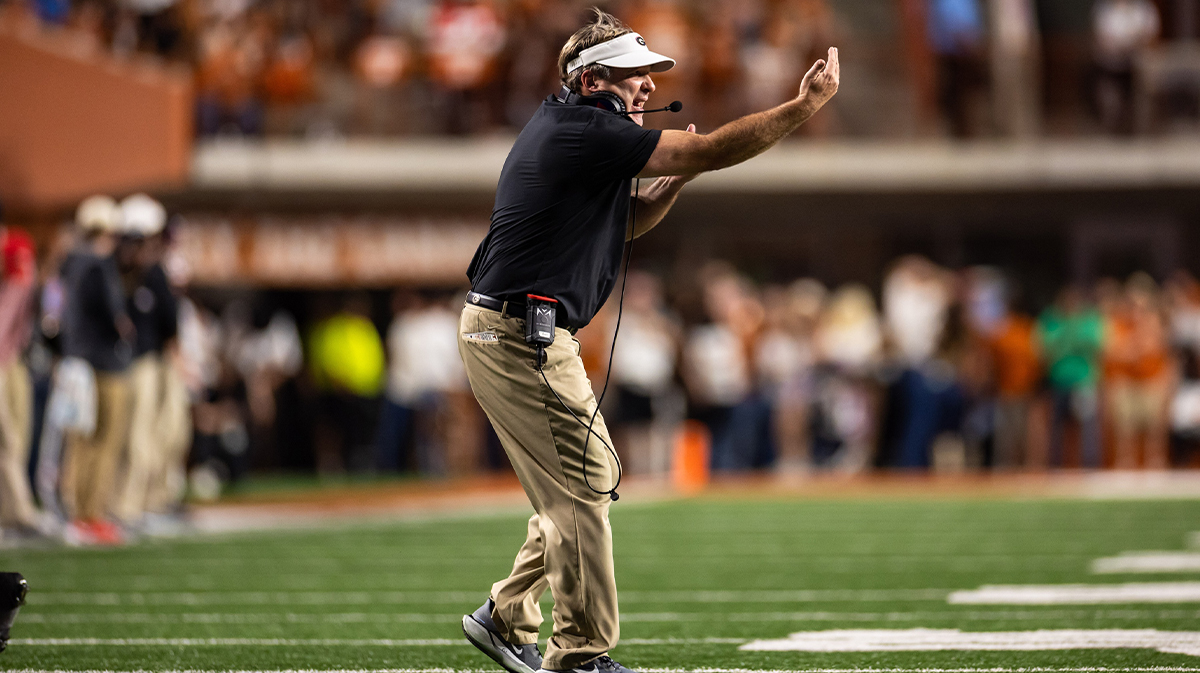 Georgia Bulldogs football coach Kirby Smart reacts in the fourth quarter against the Texas Longhorns at Darrell K Royal-Texas Memorial Stadium.