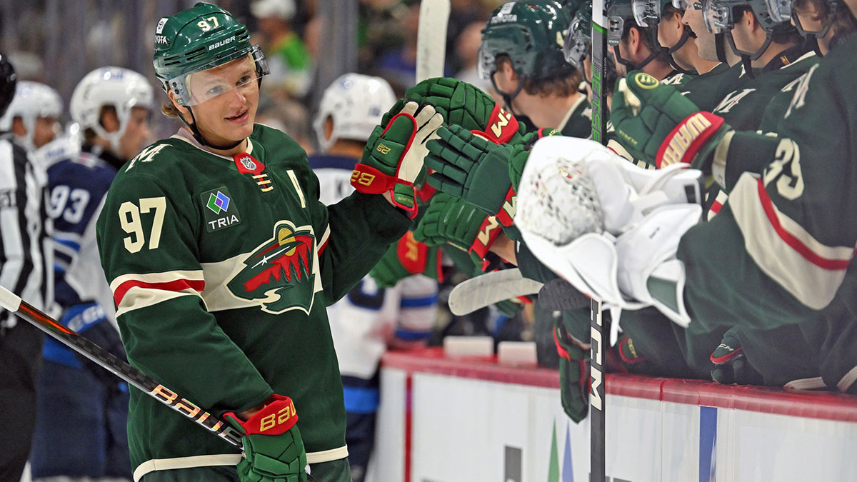 Minnesota Wild forward Kirill Kaprizov (97) celebrates his power play goal against the Winnipeg Jets during the first period at Xcel Energy Center.