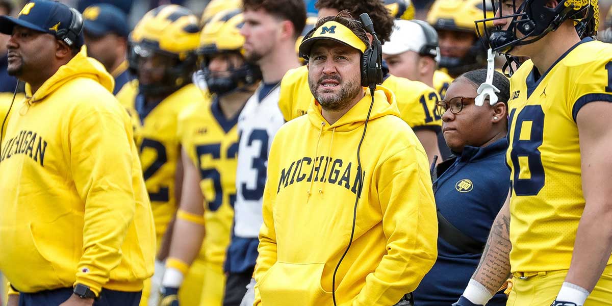 Maize Team head coach Kirk Campbell watches a play during the spring game at Michigan Stadium