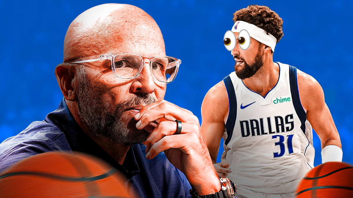 Mavericks Klay Thompson with eyes popping out looking at Mavericks Jason Kidd.