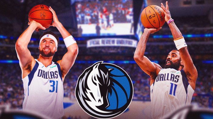 Mavericks Kyrie Irving and Mavericks Klay Thompson both shooting a basketball. Place the Dallas Mavericks 2024 logo somewhere in image.