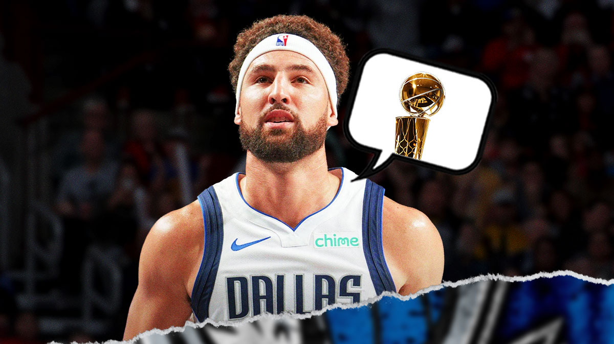 Mavericks Klay Thompson with a thought bubble. In the bubble, place the NBA Finals trophy.