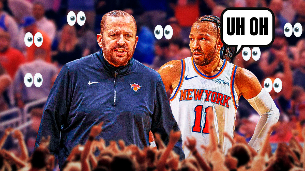 Tom Thibodeau and Jalen Bruunson with a speech bubble that says "Uh oh" a bunch of New York Knicks fans on the other side with the big eyes emoji around them. Knicks 2024-25 season