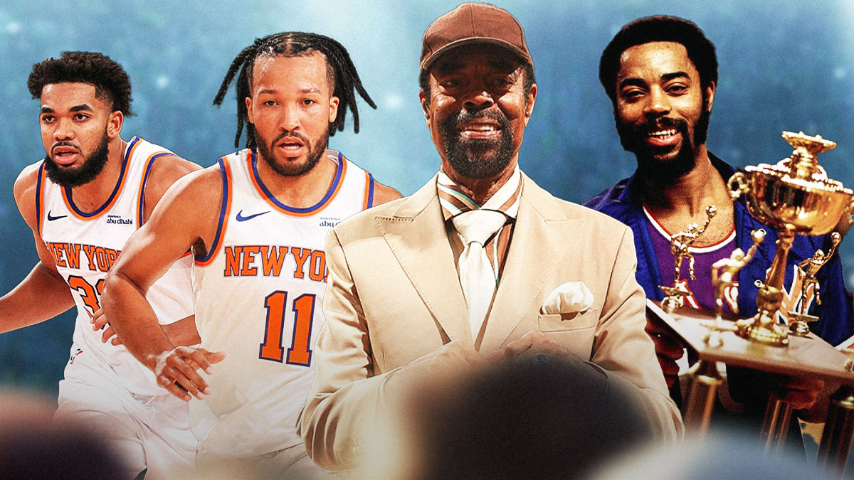 Current day Walt Frazier laughing in the middle, with Knicks' Jalen Brunson and Karl-Anthony Towns on the left and a picture of Frazier holding the NBA championship (1973)