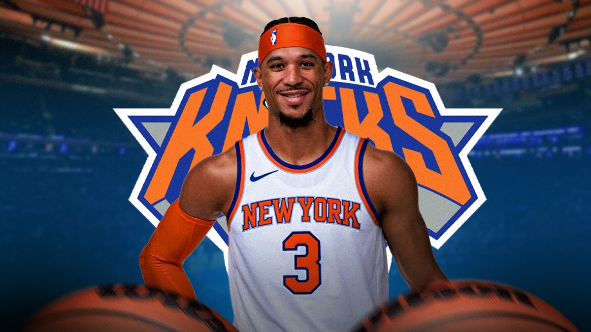 Knicks' Josh Hart looks at Celtics player with Mikal Bridges in background