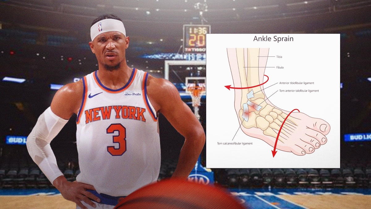 Knicks' Josh Hart looking angry, with diagram of ankle injury beside him