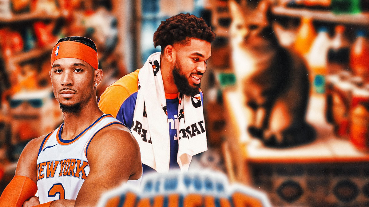 Knicks' Josh Hart and Karl-Anthony Towns inside a bodega, with a cat sitting on top of a shelf