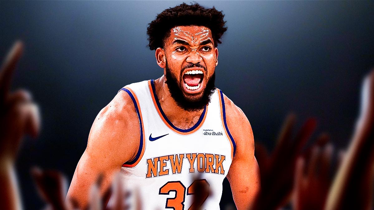 Karl Anthony Towns looking hyped in Knicks gear.