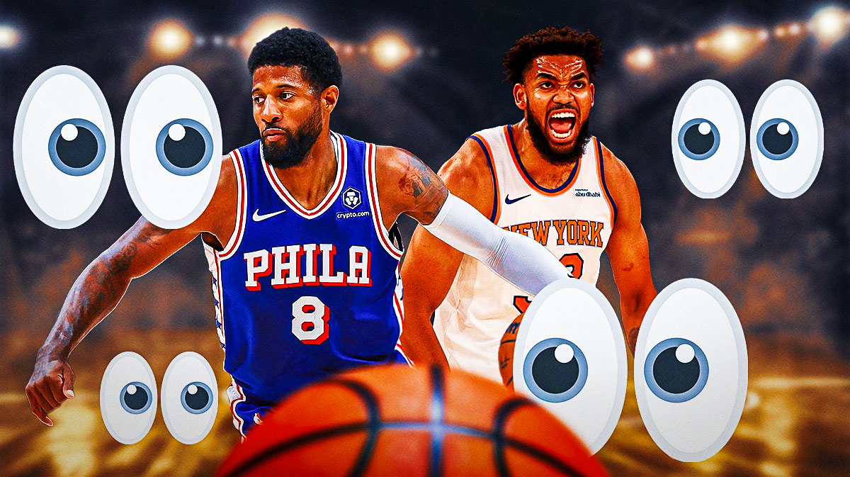 Paul George and Karl-Anthony Towns with eye emojis surrounding the picture.