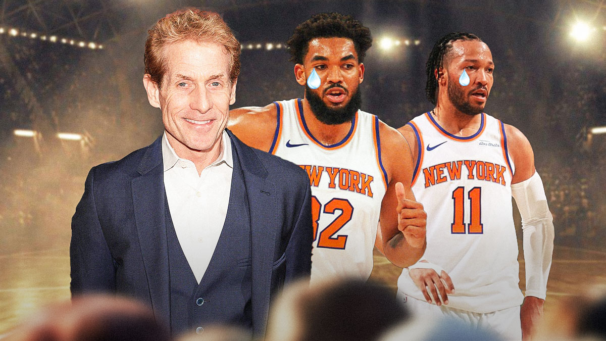 Skip Bayless laughing, with Knicks' Karl-Anthony Towns and Jalen Brunson with tears on their eyes