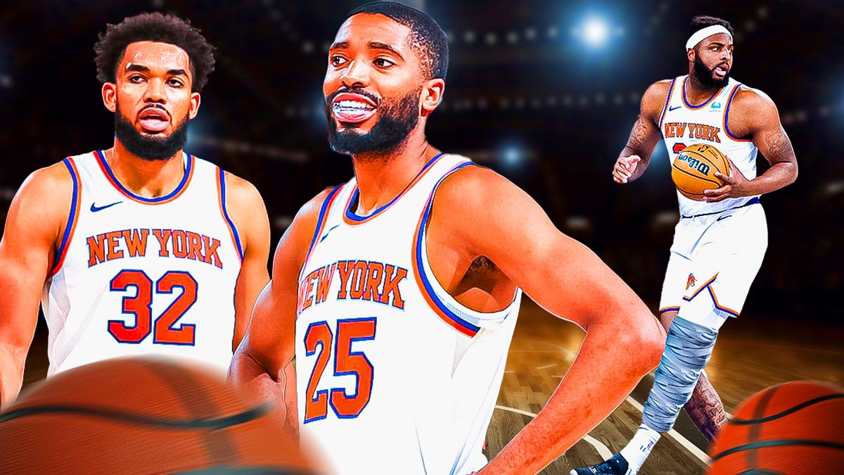 Need cover image of Karl-Anthony Towns appearing confused, Mikal Bridges shrugging or appearing indifferent, and Mitchell Robinson with a cast on his left foot.