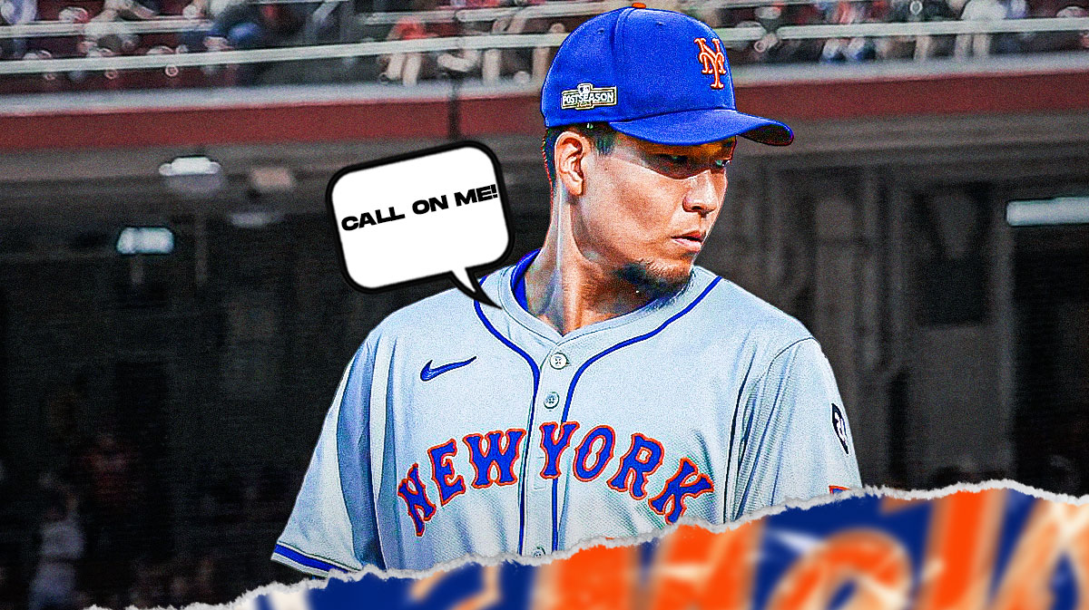 Mets' Kodai Senga fired up with a talk bubble that says "Call On Me!"