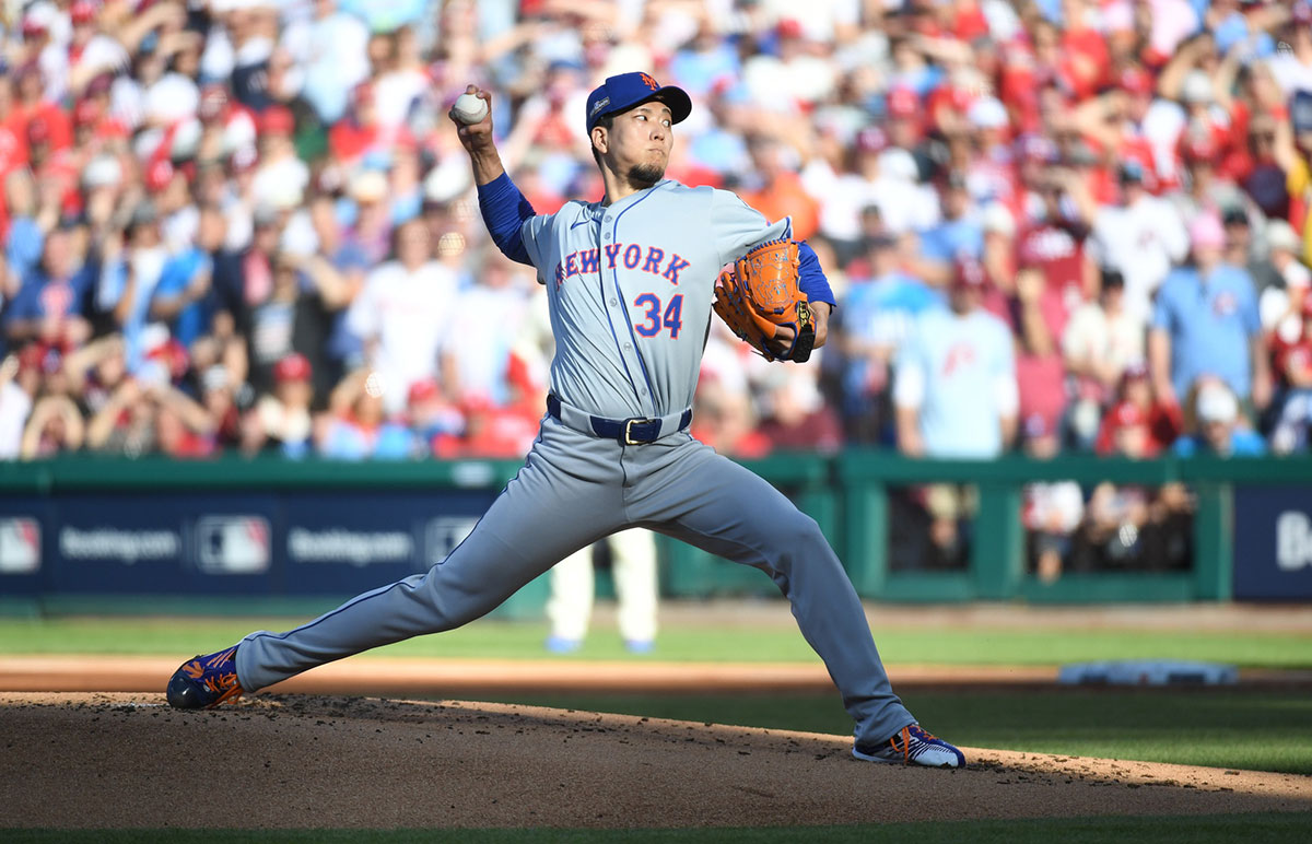 Oct 5, 2024; Philadelphia, PA, USA; New York Mets pitcher Kodai Senga (34) throws a pitch against the Philadelphia Phillies in the first inning in game one of the NLDS for the 2024 MLB Playoffs at Citizens Bank Park.