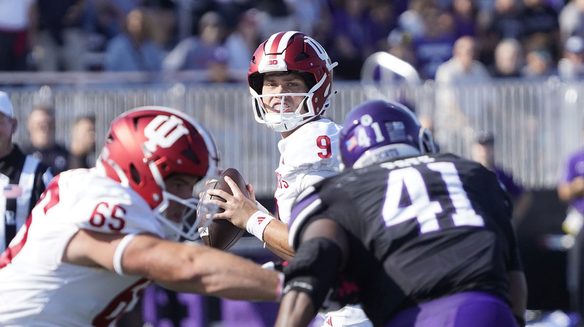 Indiana Hoosiers quarterback Kurtis Rourke (9) drops back to pass against the Northwestern Wildcats during the first half at Lanny and Sharon Martin Stadium.