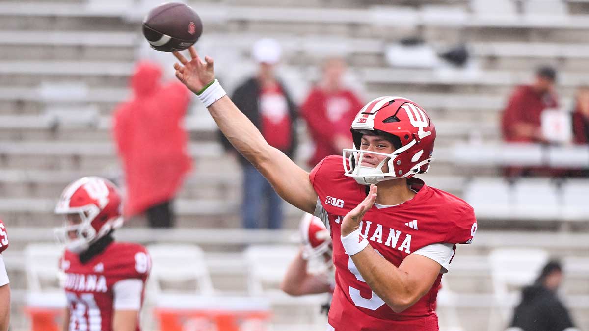 Sep 28, 2024; Bloomington, Indiana, USA; Indiana Hoosiers quarterback Kurtis Rourke (9) warms up before a game against the Maryland Terrapins at Memorial Stadium.