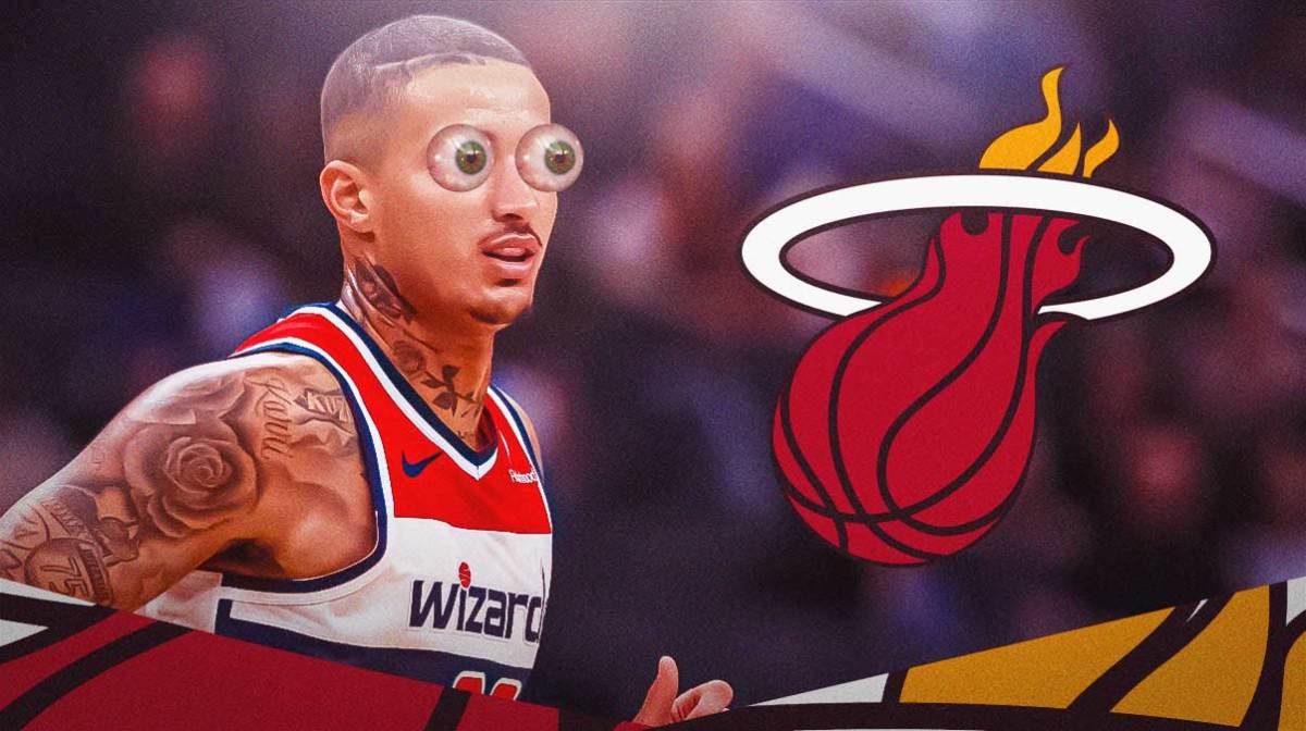Kyle Kuzma looks at Heat logo with bulging eyes