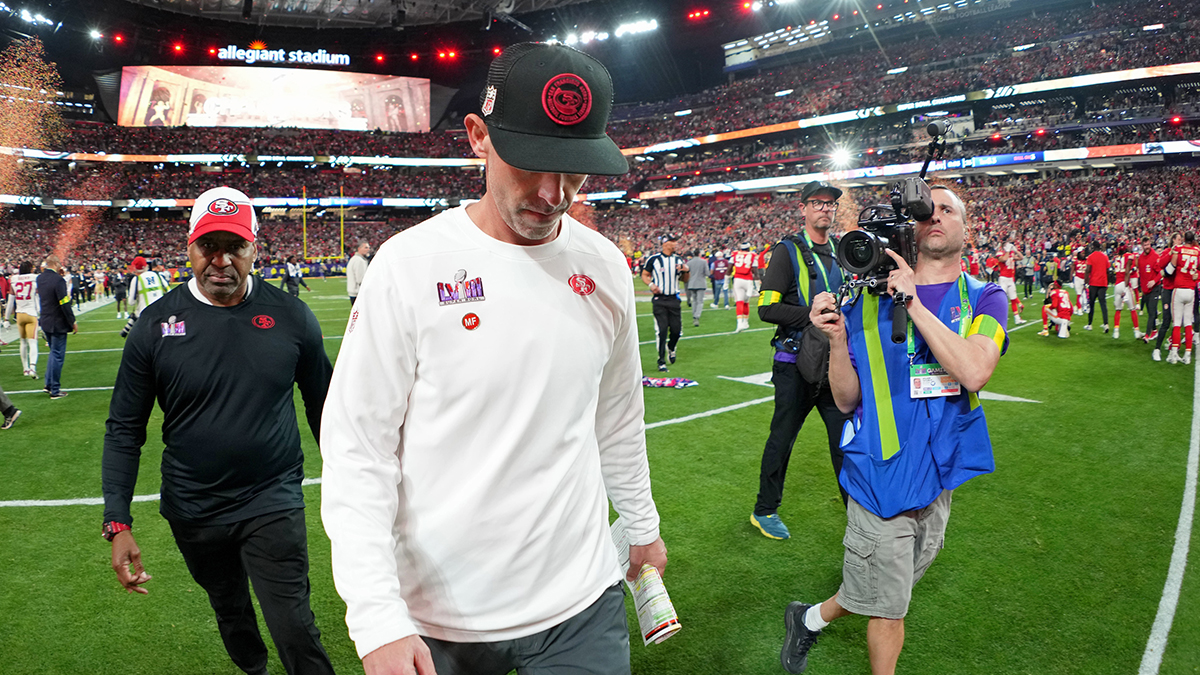 San Francisco 49ers head coach Kyle Shanahan walks off the field after losing Super Bowl LVIII to the Kansas City Chiefs at Allegiant Stadium.