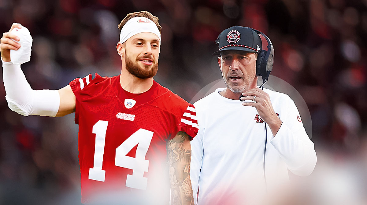 Kyle Shanahan next to Ricky Pearsall in front of the 49ers stadium.