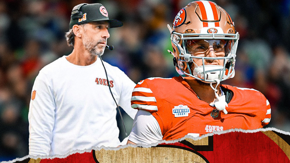 Kyle Shanahan next to Ricky Pearsall with the 49ers stadium as the background.