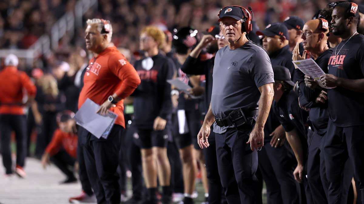 Utah Utes head coach Kyle Whittingham against the Arizona Wildcats during the second quarter at Rice-Eccles Stadium.