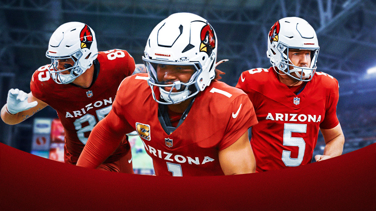 Arizona Cardinals QB Kyler Murray with tight end Trey McBride and kicker Matt Prater. There is also a logo for the Arizona Cardinals.