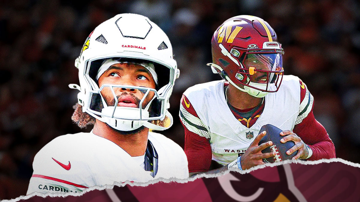 Cardinals, Commanders, Kyler Murray, Jayden Daniels, Commanders Cardinals, Kyler Murray and Jayden Daniels (in respective team's uni) with football setting background