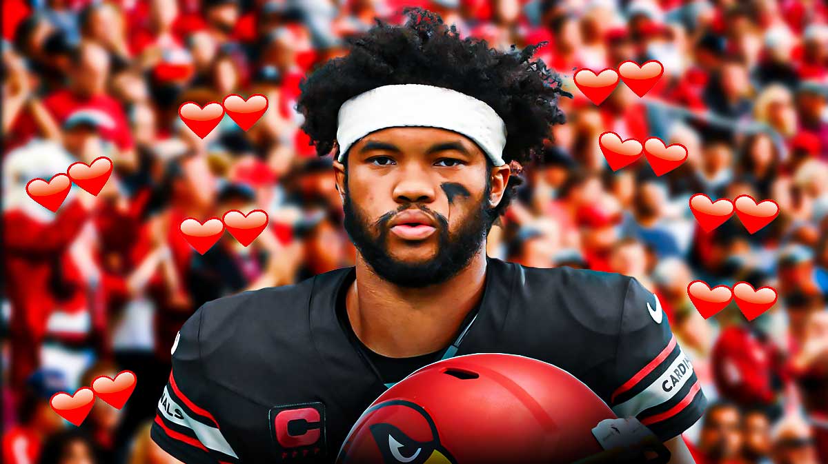 Kyler Murray on one side, a bunch of Arizona Cardinals fans on the other side with hearts in their eyes