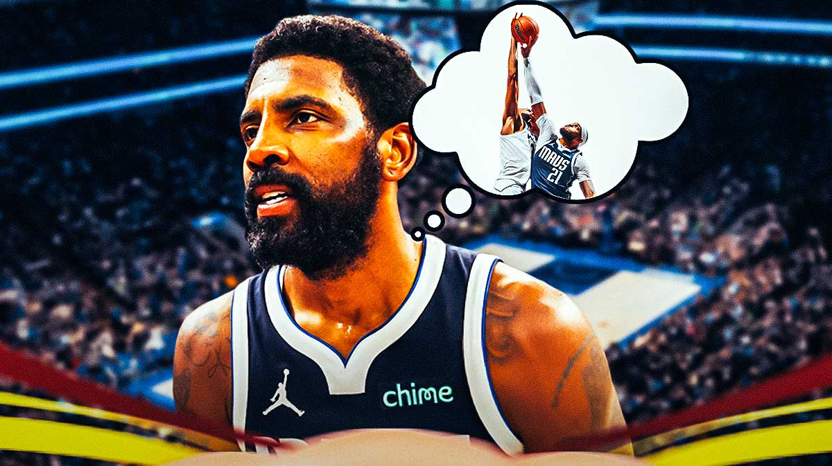 Dallas Mavericks guard Kyrie Irving with a thought bubble of Mavericks center Daniel Gafford blocking a shot