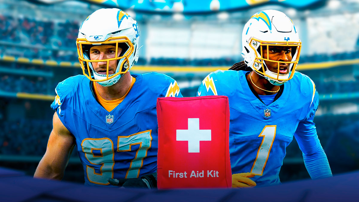 Joey Bosa, Quentin Johnston. First aid kits near them.