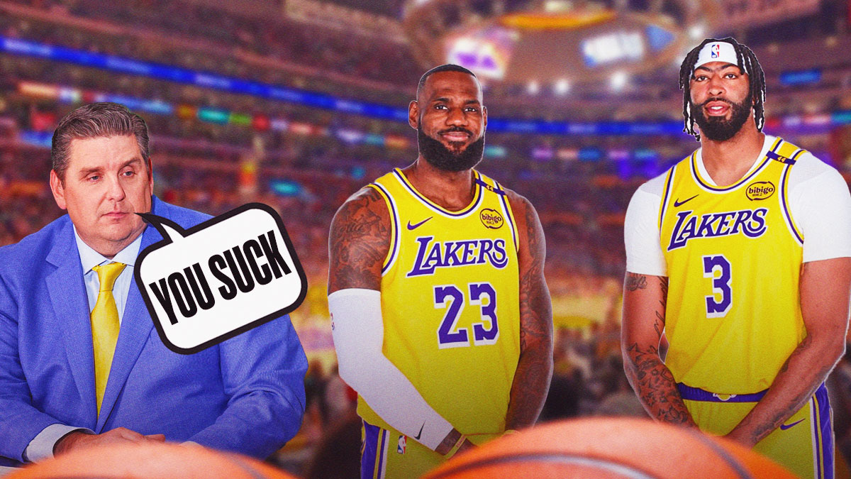 Brian Windhorst with speech bubble saying "You Suck" to LeBron James and Anthony Davis